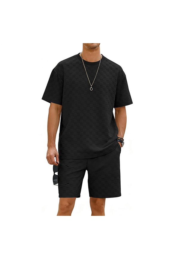 Mens 2 Piece Short Set Checkered Summer Short Sleeve Textured Crewnek Tee Shirts and Shorts Set for Gym