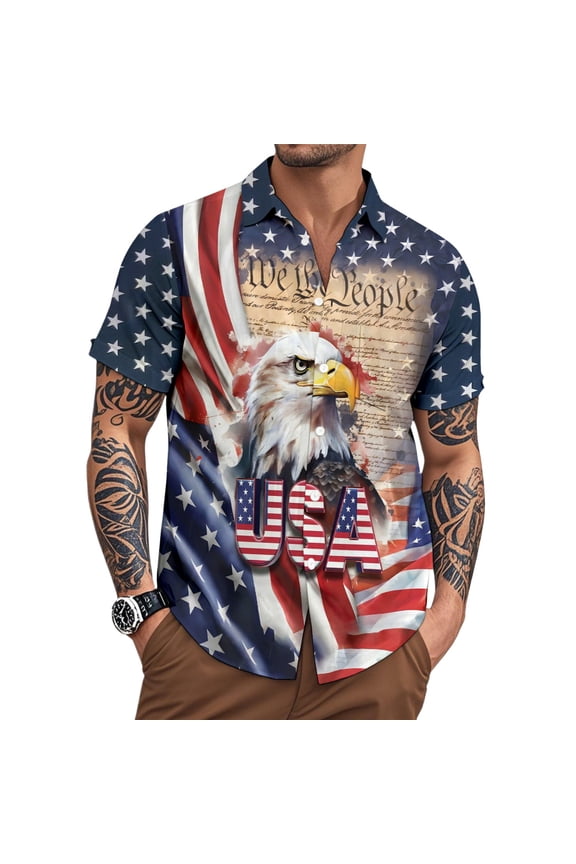 Mens American Flag Button Up Shirt 250th American Casual Patriotic Shirts Eagle Printed Tops with Pocket for Beach