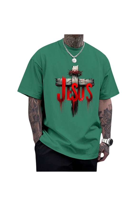 Mens Christian Shirts Jesus Cross Fashion Graphic Tees Oversized Crewneck Clothes for Travel Leisure Dating