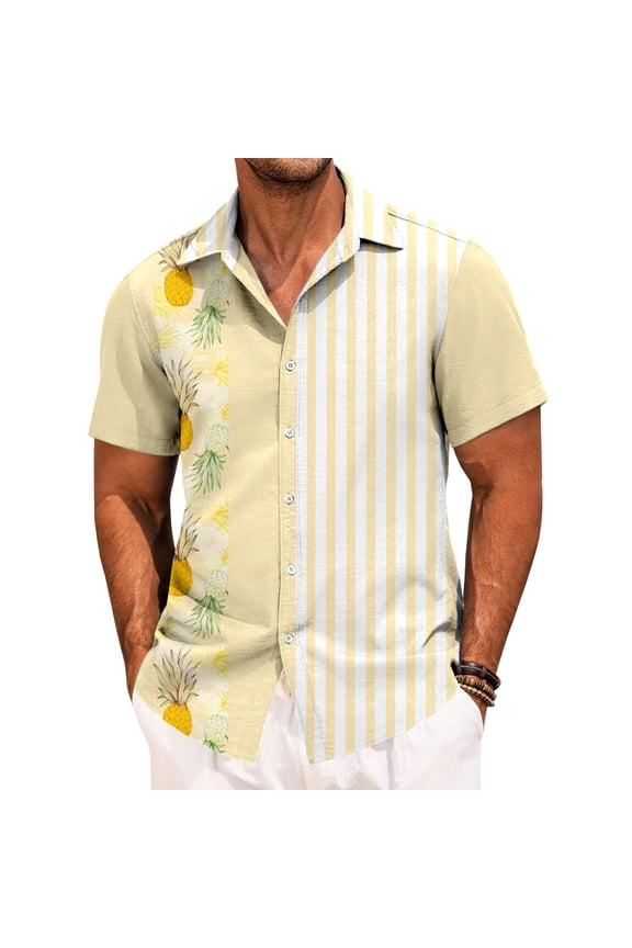 Mens Hawaiian Bowling Shirts Pineapple Print Tropical Button Down Shirts Summer Tops for Vacation Travel