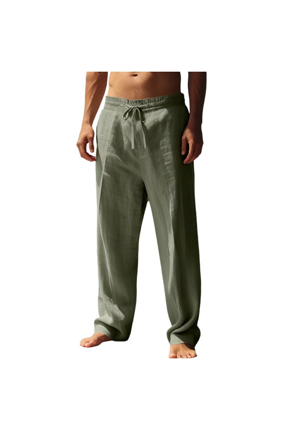 Mens Linen Beach Pants Straight Leg Casual Drawstring Linen Trousers Lightweight Summer Pants for Travel