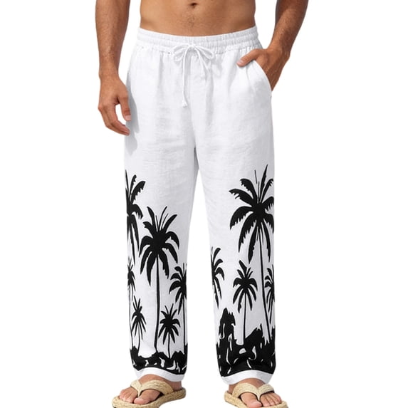 adaychics Mens Linen Pants Straight Leg Palm Tree Loose Fit Drawstring Elastic Waist Trendy Outdoor Trousers for Walking
