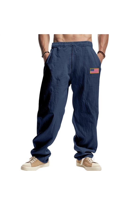 Mens Linen Pants US Flag Print Lightweight Drawstring Pants Summer Trousers Loose Fit for Daily Wear Travel