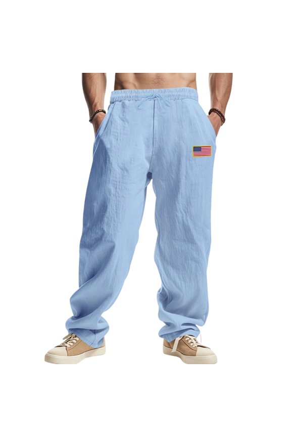 Mens Linen Pants US Flag Print Lightweight Drawstring Pants Summer Trousers Loose Fit for Daily Wear Travel