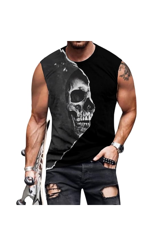 Mens Skull Tank Top Gothic Print Sleeveless Crew Neck Gym Athletic Workout Tops for Fitness Vacation Beach