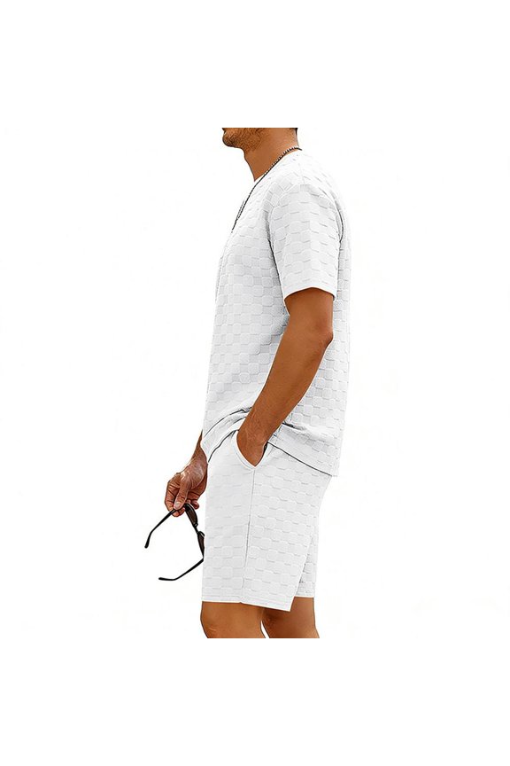 Mens Two Piece Short Set Checkered Summer Short Sleeve Textured Crewnek Tee Shirts and Shorts Set for Gym