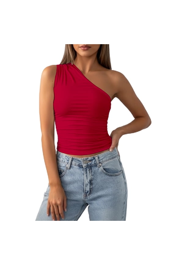 Off Shoulder Crop Top Sleeveless Asymmetrical Half Shoulder Sexy Ruched Going Out Tops for Streetwear