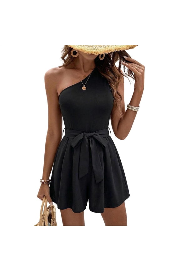 Off The Shoulder Romper Sleeveless Belted Summer Boho Beach Romper Shorts with Pockets for Leisure