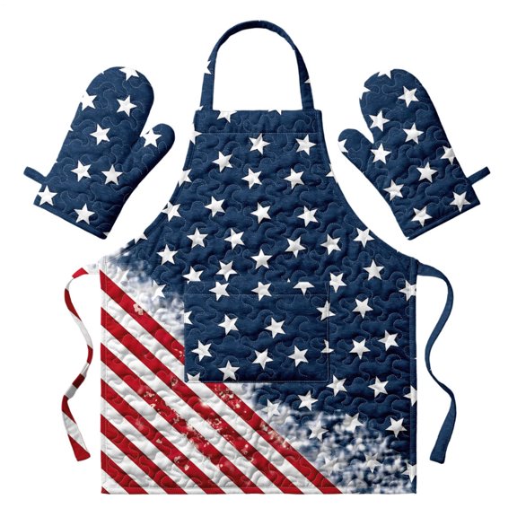 adaychics Oven Mitts and Apron Set Quilted American Flag Patriotic Kitchen Gloves and Adjustable Cooking Apron Set for Kitchen