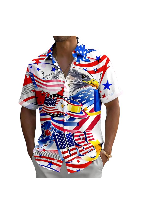 Patriotic Button Down Shirts for Men Short Sleeve Eagle American Flag Patriotic Button Down Shirt for Vacation
