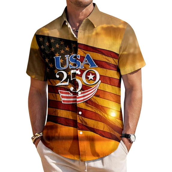 adaychics Patriotic Hawaiian Shirts for Men Flag 250 Years Lapel Short Sleeve Button Down Beach Shirts Daily Wear