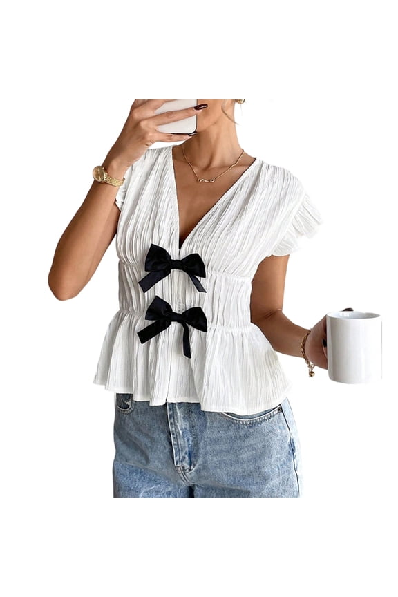 Peplum Blouse for Women Ruffle Sleeve Bow Front V Neck Babydoll Shirts Smocked Waist Going Out Tops for Date
