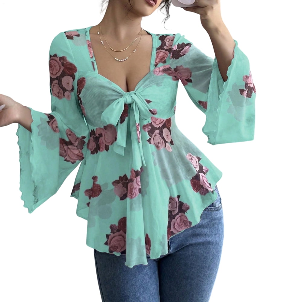 adaychics Peplum Blouses for Women Floral Sweetheart Neck Long Sleeve ...
