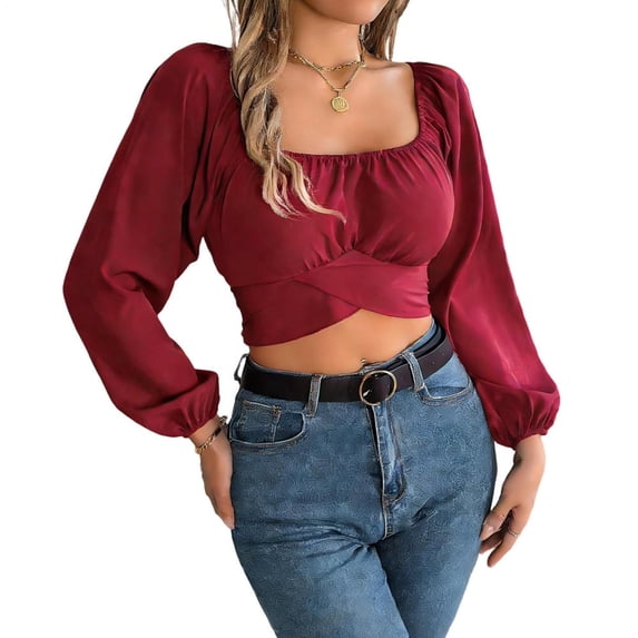 adaychics Ruched Long Sleeve Crop Top Square Neck Ruched Lantern Long Sleeve Tie Back Crop Top Blouse for Vacation