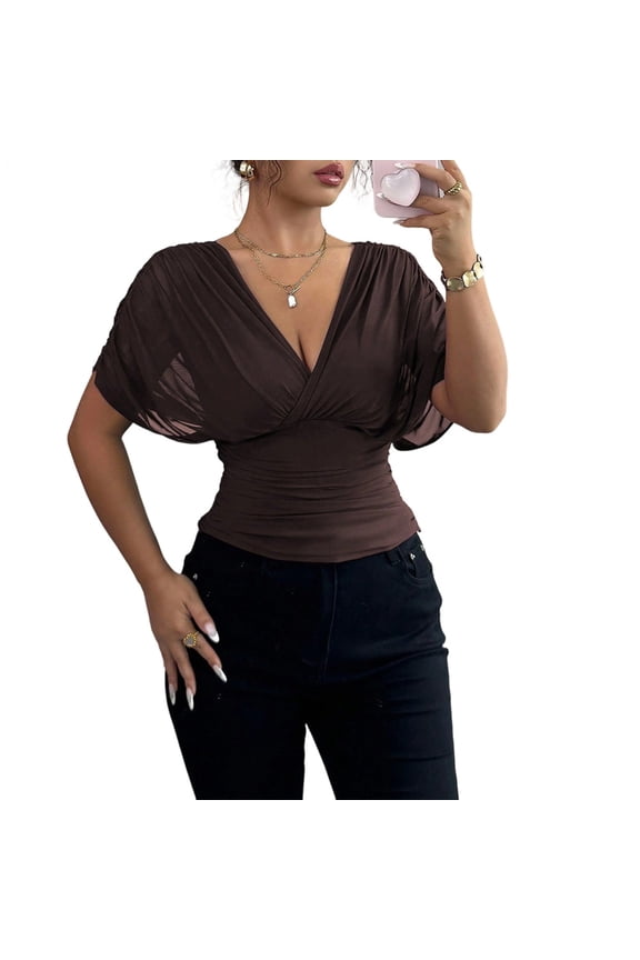 Ruched Wrap Tops for Women Deep V Neck Dolman Sleeve Sexy Summer Casual Cinched Waist Tunic Tops for Dating