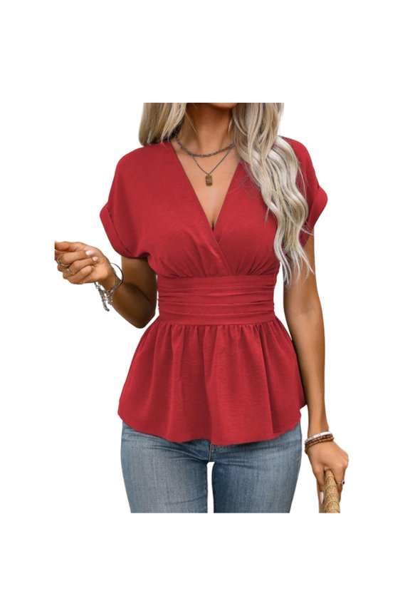 Ruffle Peplum Top Wrap V Neck Ruffle Hems Peplum Blouse Slim Fit Dressy Casual Shirts for Office Work