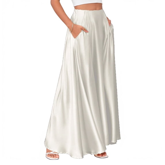 adaychics Satin Maxi Skirt High Waisted Flowy Long A Line Pocketed Satin Skirt Trendy Vacation Outfits for Work Party