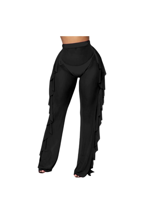 See Through Pants Ruffle Trim See Through Sheer Beach Pants Swimsuit Bikini Bottom Cover up for Party Club