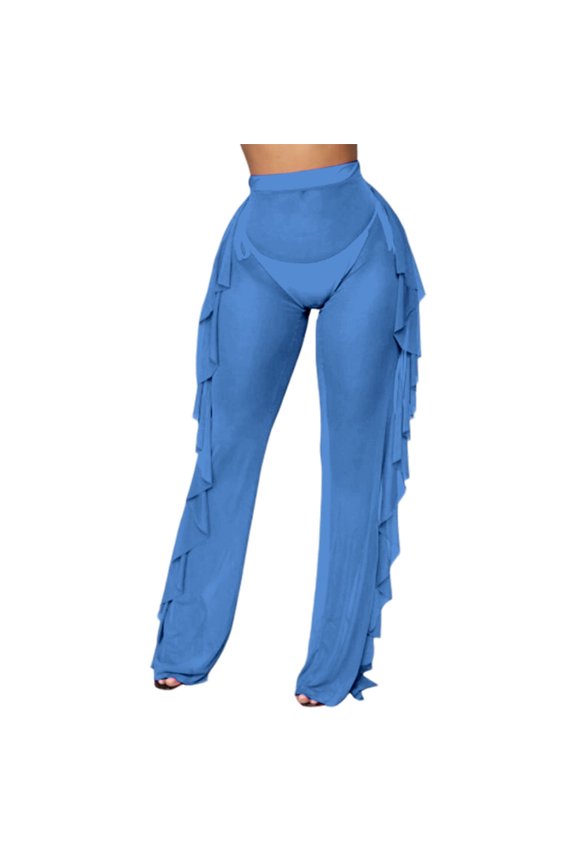 See Through Pants for Women Ruffle Trim See Through Sheer Beach Pants Swimsuit Bikini Bottom Cover up for Party Club