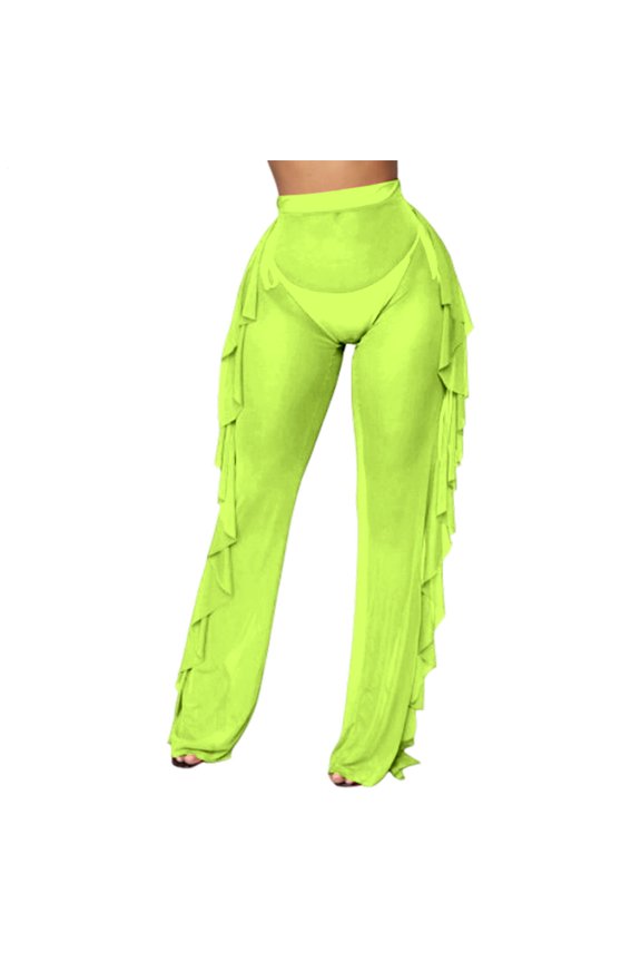 See Through Pants for Women Ruffle Trim See Through Sheer Beach Pants Swimsuit Bikini Bottom Cover up for Party Club