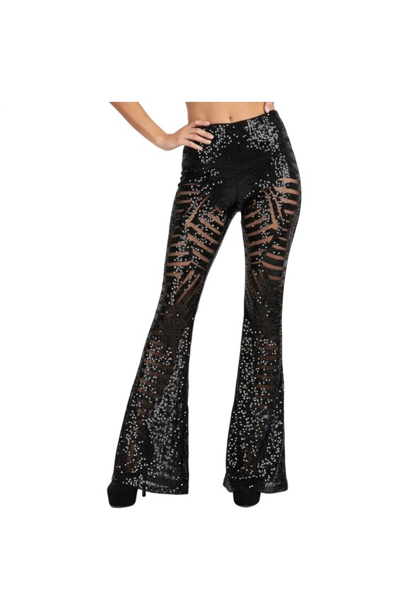 Sequin Pants for Women High Rise Flare Sparkly Glitter Bell Bottom Trousers for Prom Evening Dance Party Shows