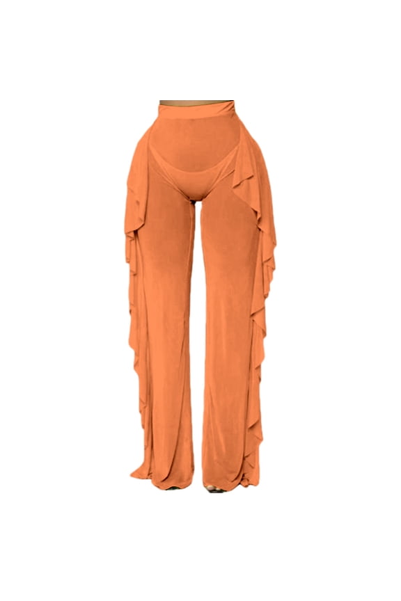 Sheer Mesh Pants Ruffle See Through Sheer Beach Pants Swimsuit Bikini Bottom Cover up for Party Club