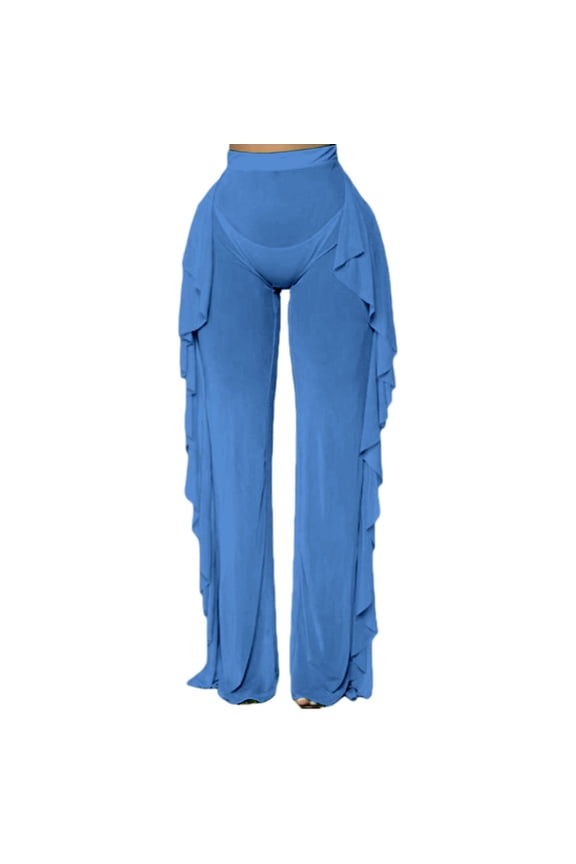 Sheer Mesh Pants Ruffle Trim See Through Sheer Beach Pants Swimsuit Bikini Bottom Cover up for Party Club