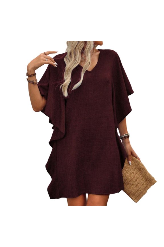 Shift Dress with Sleeves V Neck Ruffle Short Sleeve Casual Summer Dresses Loose Fit for Beach Vacation Daily Wear