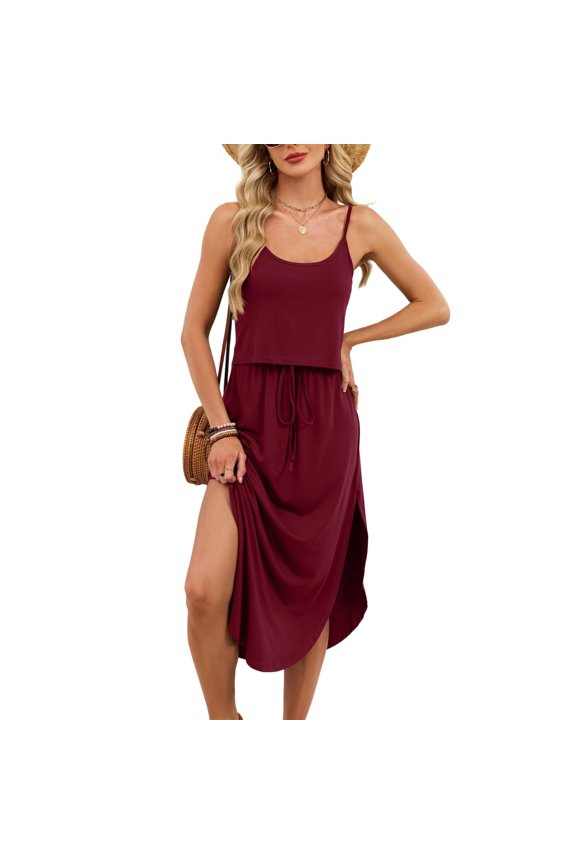 Spaghetti Strap Dresses for Women Side Slit U Neck Drawstring Sleeveless Dress Faux Two Piece Casual Clothes Daily Wear