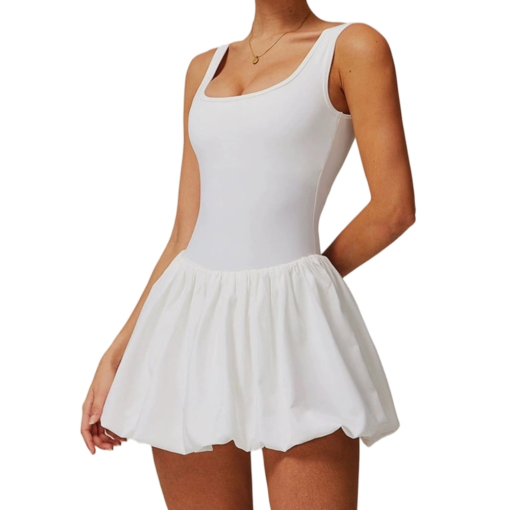 adaychics Tennis Dresses for Women Square Neck Sleeveless Backless Casual Workout Bubble Mini Dress with Shorts for Running