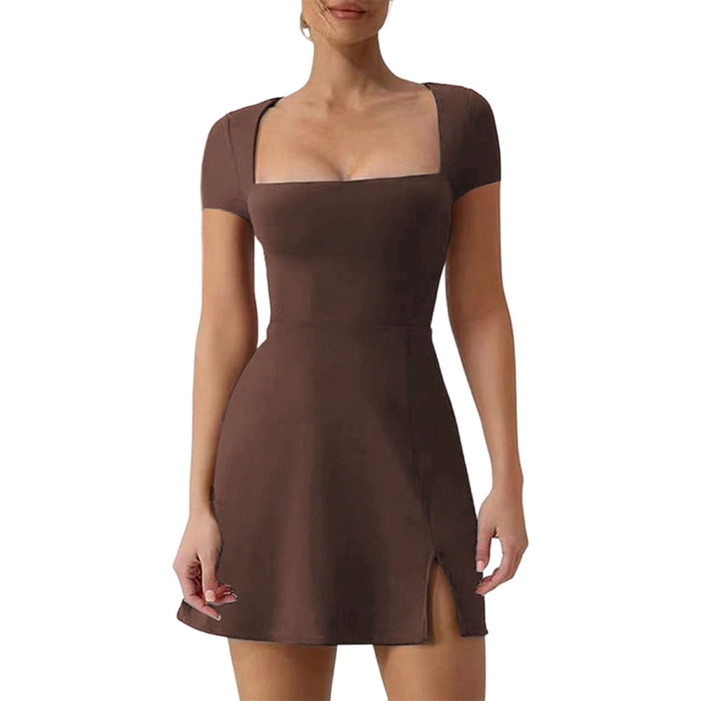 adaychics Tennis Dresses for Women Square Neck Split Casual Short Sleeve Slim Fit Mini Dress Athletic Clothes for Running
