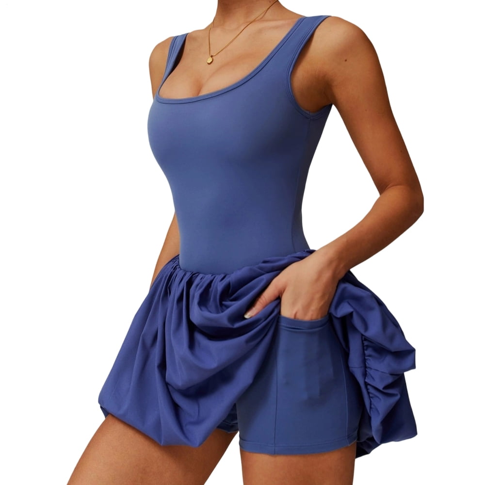 adaychics Tennis Dresses for Women with Shorts Square Neck Sleeveless Backless Casual Workout Bubble Mini Dress with Shorts for Running