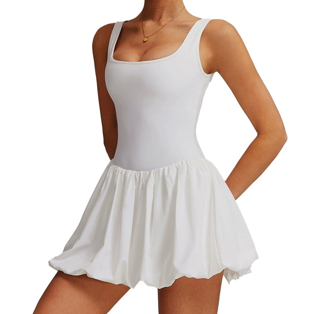 adaychics Tennis Dresses for Women with Shorts Square Neck Sleeveless Backless Casual Workout Bubble Mini Dress with Shorts for Running