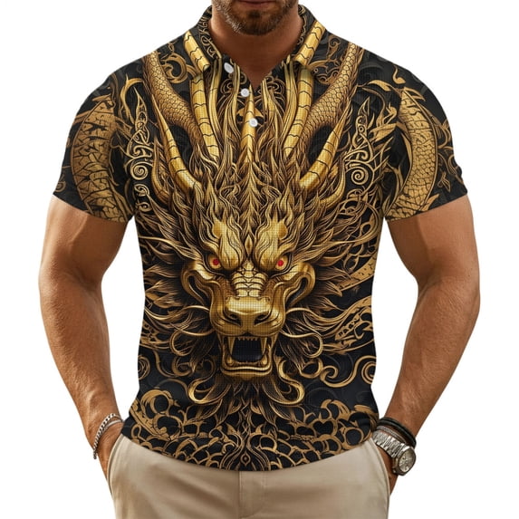adaychics Three Button Shirts for Men Dragon Print Short Sleeve Graphic Tee Shirts Casual Summer Tops for Vacation Travel