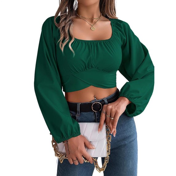adaychics Tie Back Long Sleeve Crop Top Square Neck Ruched Lantern Long Sleeve Tie Back Crop Top Blouse for Vacation