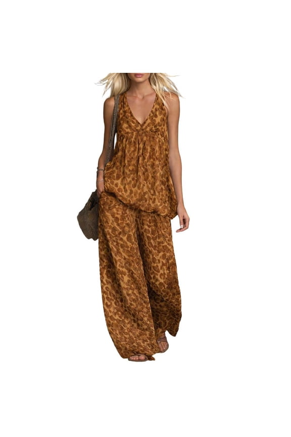 Two Piece Summer Sets for Women Cheetah Print Loose V Neck Sleeveless Tops Chiffon Trousers for Date