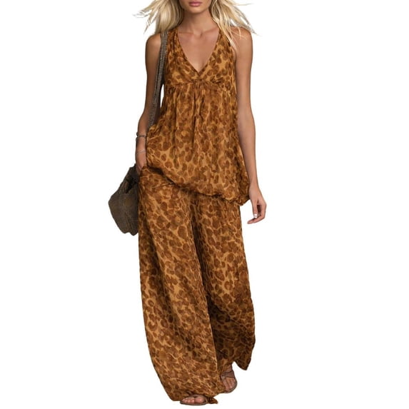 adaychics Two Piece Summer Sets for Women Cheetah Print Loose V Neck Sleeveless Tops Chiffon Trousers for Date