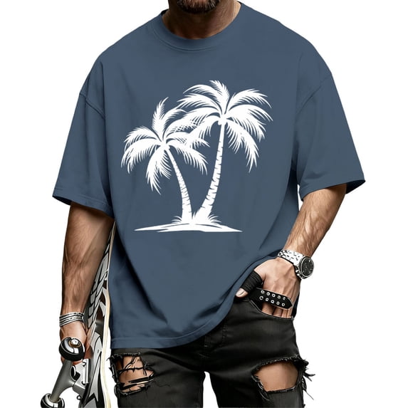 adaychics Vacation T Shirts for Men Palm Tree Round Neck Short Sleeve Tropical T Shirt Casual Holiday Tops for Vacation
