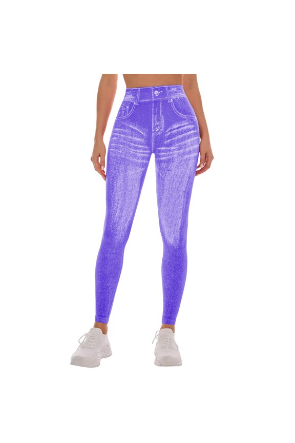 Womens Butt Lifting Leggings V Back Quick Dry Seamless Tummy Control Pants Faux Denim Yoga Leggings for Gym