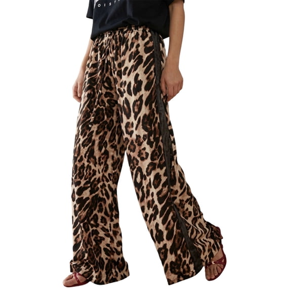 adaychics Womens Leopard Pants Side Striped Elastic Waist Drawstring Baggy Pants with Pockets Daily Wear