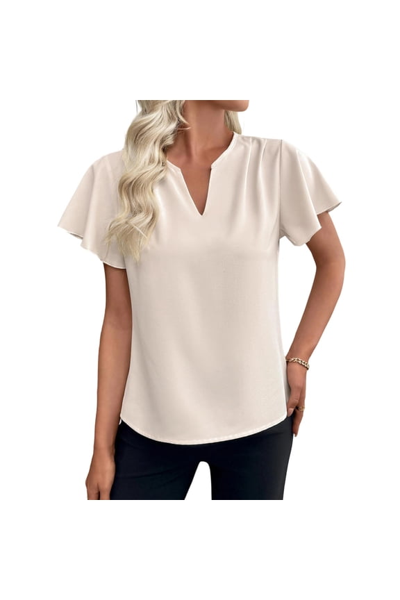Womens Ruffle Sleeve Top V Neck Ruffle Short Sleeve Dressy Work Casual Summer Tunic Tops for Busines