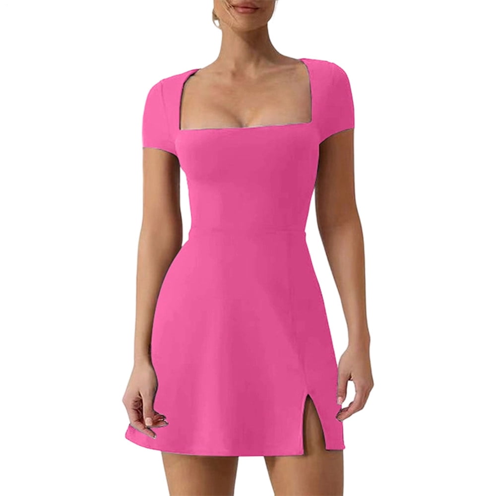 adaychics Womens Tennis Dress Square Neck Split Casual Short Sleeve Slim Fit Mini Dress Athletic Clothes for Running