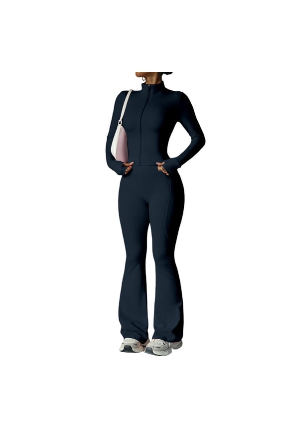 Yoga 2 Piece Sets for Womens Long Sleeve Full Zip Jacket and High Waisted Flared Gym Leggings Set for Workout