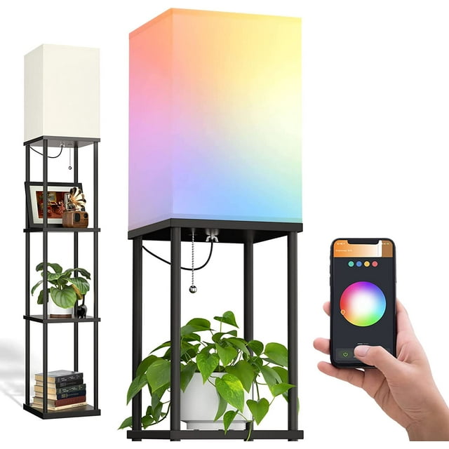 addlon Smart Modern Shelf Floor Lamp with RGB Bulb and White Lamp Shade