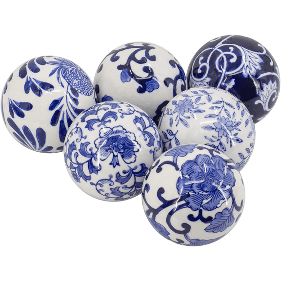addsrke Blue And White Chinese Style Floral Pattern Porcelain Decorative Balls 6 Count