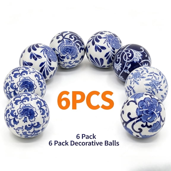 addsrke      Blue And White Chinese Style Floral Pattern Porcelain Decorative Balls 6 Count