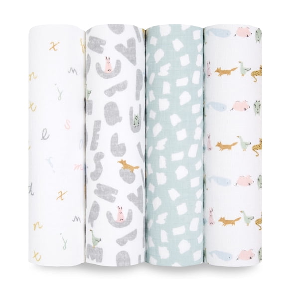 aden + anais Alphabet Animals Cotton Muslin Baby Blankets, 4 Count