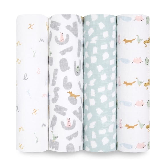 aden   anais Alphabet Animals Cotton Muslin Baby Blankets, 4 Count