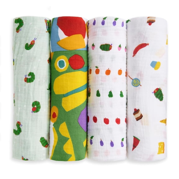 aden + anais Essentials Breathable Cotton Muslin Baby Swaddle, The Very Hungry Caterpillar Design, 4 Pack
