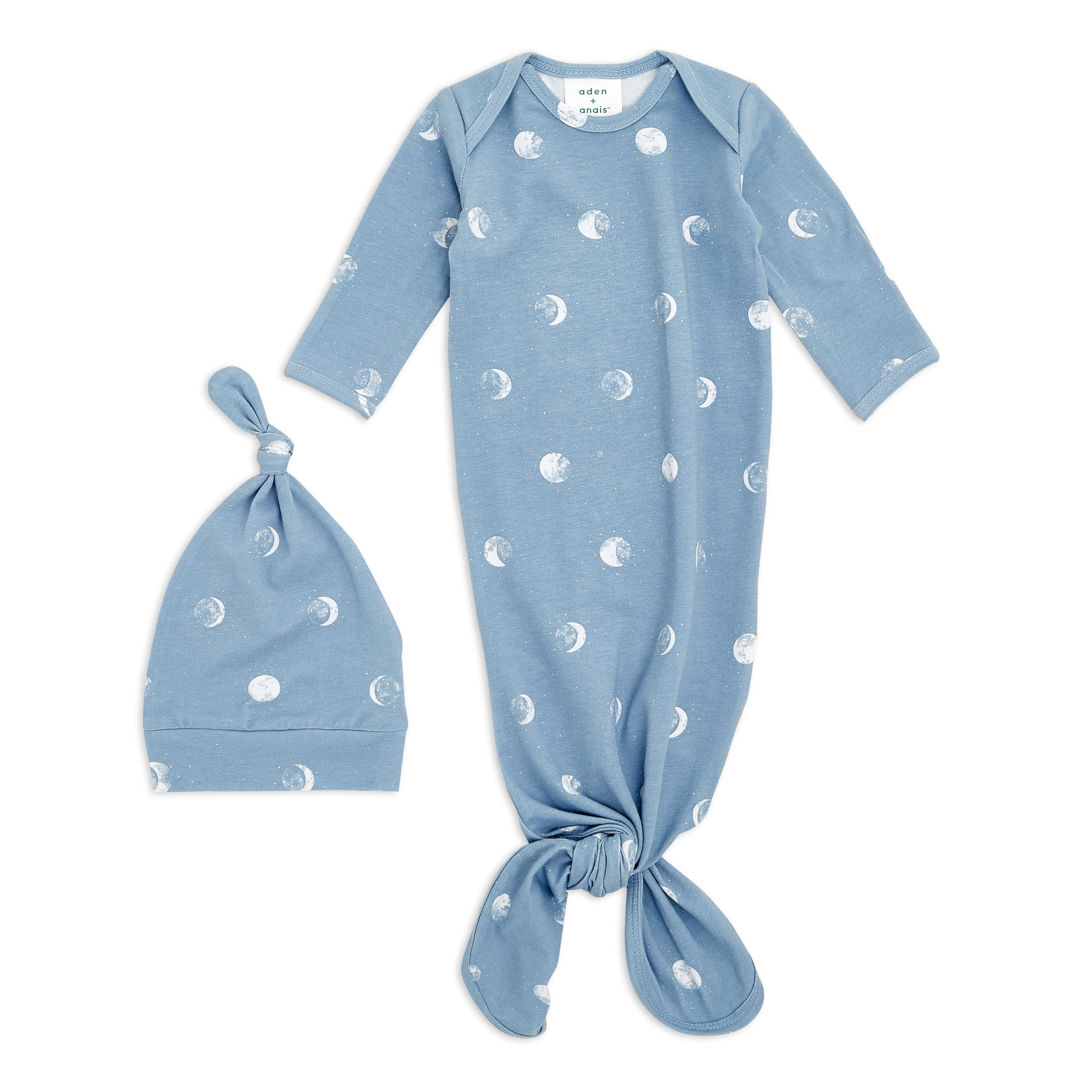 aden + anais Comfort Knit Knotted Newborn Baby Gown and Hat, 2 Piece Set, 0-3 Months Blue Moon